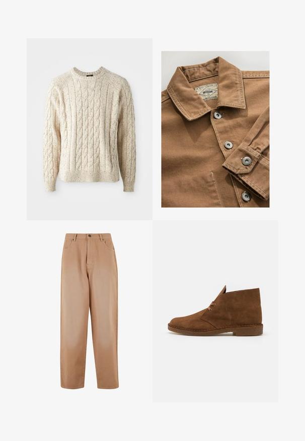 Braune Jeanshemden mit Kragen, silbernen Druckknöpfen und kontrastierenden weißen Nähten. Das Etikett trägt die Aufschrift "Next Durable Goods."; Cremfarbener Kabelstrickpullover mit Rundhalsausschnitt, strukturiertem Muster und gerippten Bündchen und Saum. Hergestellt aus weicher, dicker Wolle.; Beige weit geschnittene Hosen aus weichem Baumwollstoff. Mit einem vorderen Knopf- und Reißverschluss, fünf Taschen und Gürtelschlaufen.; Braune Wildleder-Ankelstiefel mit rundem Zehenbereich, minimaler Naht, kurzer Zunge und Gummisohle für Trittsicherheit.