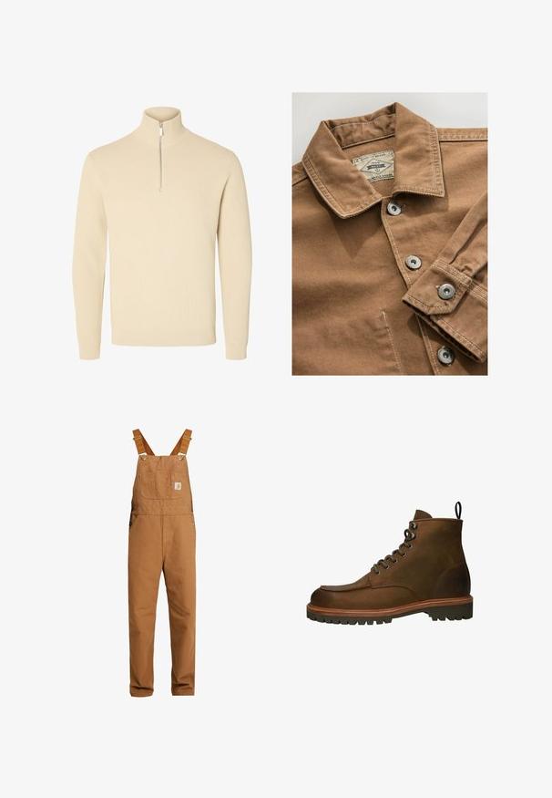 Bruine denim overhemd met een kraag, zilveren drukknoopjes en contrasterende witte stiksels. Etiket zegt "Next Durable Goods."; Beige gebreide trui met een hoge geribde kraag en een korte ritssluiting aan de voorkant, met lange mouwen en geribde manchetten en zoom.; Carhartt WIP BIB OVERALL DEARBORN CANVAS - Tuinbroek - hamilton brown rinsed; Bruine leren enkellaarzen met een ronde neus, metalen oogjes en een robuuste rubberen zool. Inclusief een trekband voor gemakkelijk aan- en uittrekken.