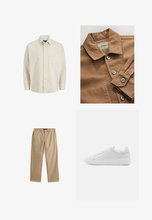 Brun denimskjorte med krave, sølvnap knapper og kontrasterende hvid syning. Etiket læser "Next Durable Goods."; Beige corduroy skjorte med knaplukning foran, krave, lange ærmer og en enkelt brystlomme. Har smalle lodrette striber.; Beige bukser med lige ben, knap- og lynlåslukning, bæltestropper og sidelommer, lagt fladt på en hvid baggrund.; Hvide lædersneakers med en glat tekstur, rund tå, lav profil og diskret branding på siden. Polstret krave og snørebånd.