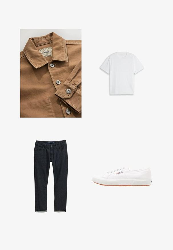 Brun denimskjorte med krave, sølvnap knapper og kontrasterende hvid syning. Etiket læser "Next Durable Goods."; En helt hvid T-shirt med korte ærmer og rund hals, lagt fladt på en hvid baggrund.; Mørk denimjeans med slim fit, featuring optrullede manchetter, klassisk fem-lomme-design og knaplukning, sat mod en hvid baggrund.; Hvide kanvas sneakers med gummisål, snørebåndsdesign og et lille logo mærke på siden. Tekstureret hvid overdel og brun ydersål.