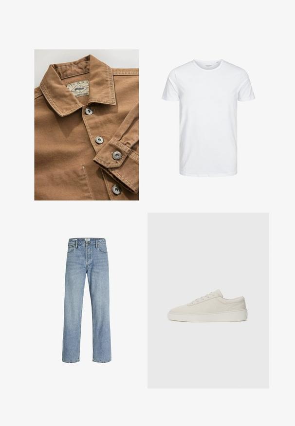 Brun denimskjorte med krave, sølvnap knapper og kontrasterende hvid syning. Etiket læser "Next Durable Goods."; Rundhals kortærmet t-shirt i ensfarvet hvid, lavet af blød bomuld, har et simpelt design uden synlige mønstre eller detaljer.; Lyseblå denimjeans med lige ben, høj talje, fem-lommers design og subtilt slid, med metalknaplukning.; Beige sneakers med en glat ruskindsfinish, rund tå og flad gummisole. Har snørebåndslukning og minimalistisk design med diskret syning.