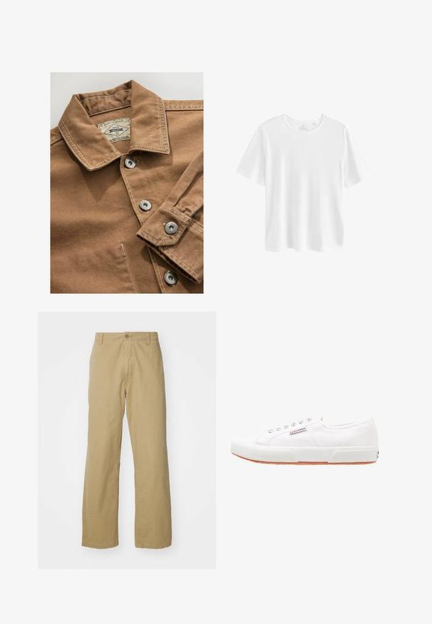 Brun denimskjorte med krave, sølvnap knapper og kontrasterende hvid syning. Etiket læser "Next Durable Goods."; Simpel hvid t-shirt med korte ærmer og rund hals i almindelig pasform, vist mod hvid baggrund.; Khaki bomuldsbukser med lige ben, der har en frontknaplukning og sidelommer. Glat, robust tekstur.; Hvide kanvas sneakers med gummisål, snørebåndsdesign og et lille logo mærke på siden. Tekstureret hvid overdel og brun ydersål.