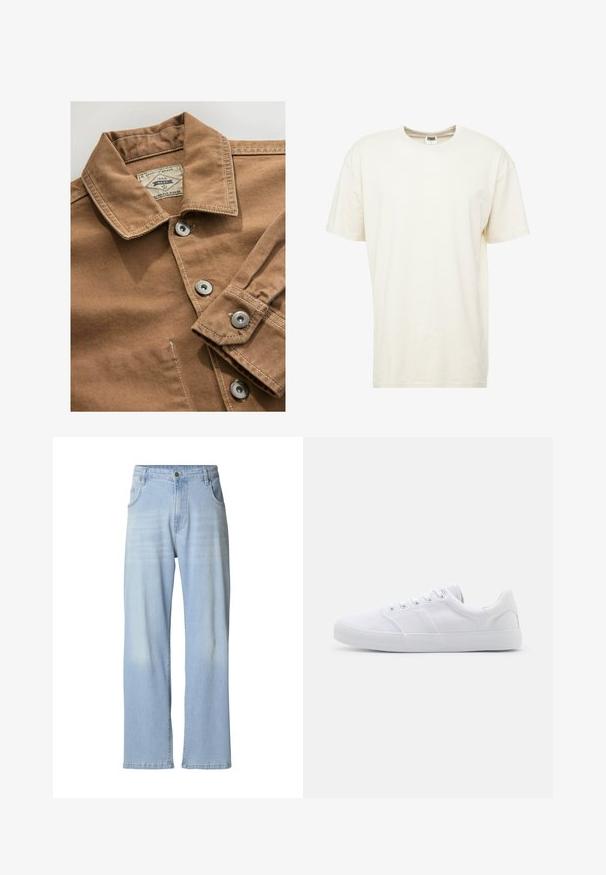 Braune Jeanshemden mit Kragen, silbernen Druckknöpfen und kontrastierenden weißen Nähten. Das Etikett trägt die Aufschrift "Next Durable Goods."; Kurzärmliges T-Shirt mit Rundhalsausschnitt in hellcreme Farbe. Hergestellt aus weichem Baumwollmaterial mit einer lockeren Passform und minimalen Nähten.; Hellblaue Jeans aus Denim mit geradem Bein, dezent ausgewaschen, fünf Taschen und einem Metallknopfverschluss am Bund.; Weiße Leinenschuhe mit Gummisohle, ausgestattet mit sechs Ösen, einer strukturierten Zehenkappe und minimalistischer Gestaltung.
