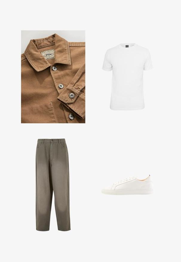 Bruine denim overhemd met een kraag, zilveren drukknoopjes en contrasterende witte stiksels. Etiket zegt "Next Durable Goods."; Witte t-shirt met korte mouwen, gemaakt van katoen, voorzien van een ronde hals en een soepele textuur, ontworpen voor casual gebruik.; Lichtgroene, wijde broek van zacht materiaal. Voorzien van een knoopsluiting, voorzakken en een overall gladde textuur.; Witte leren sneaker met een glad oppervlak, ronde neus en tonale veters. Beschikt over een rubberen zool en een minimalistisch ontwerp met subtiele branding.