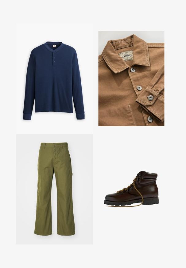 Braune Jeanshemden mit Kragen, silbernen Druckknöpfen und kontrastierenden weißen Nähten. Das Etikett trägt die Aufschrift "Next Durable Goods."; Langärmliges navyblaues Henley-Shirt aus geripptem Stoff. Mit rundem Ausschnitt und einer Knopfleiste mit drei Knöpfen. Die Bündchen sind schmal geschnitten.; Olivgrüne, weite Hosen aus strapazierfähigem Material, mit Knopfverschluss, seitlichen Taschen und einem geraden Saumdesign.; Brauner Leder-Wanderschuh mit abgerundetem Zeh, strukturierten Oberflächen, gelben Schnürsenkeln und Metallösen. Enthält eine robuste schwarze Gummisohle.