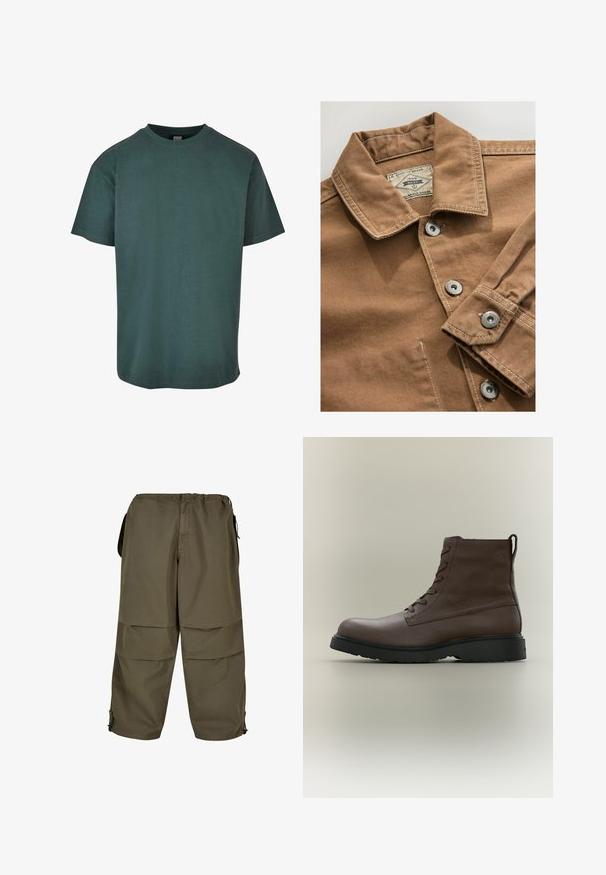 Bruine denim overhemd met een kraag, zilveren drukknoopjes en contrasterende witte stiksels. Etiket zegt "Next Durable Goods."; Donkergroene katoenen t-shirt met een ronde hals, korte mouwen en een rechte zoom. Zachte textuur, casual pasvorm en een eenvoudig ontwerp.; Khaki cargobroek met een elastische tailleband, zijzakken en drukknopen. Stof heeft een soepele, lichte textuur.; Bruine leren veter-enkellaars met zwarte rubberen zool, ronde neus en trek-lus aan de achterkant, zijaanzicht op neutrale achtergrond.