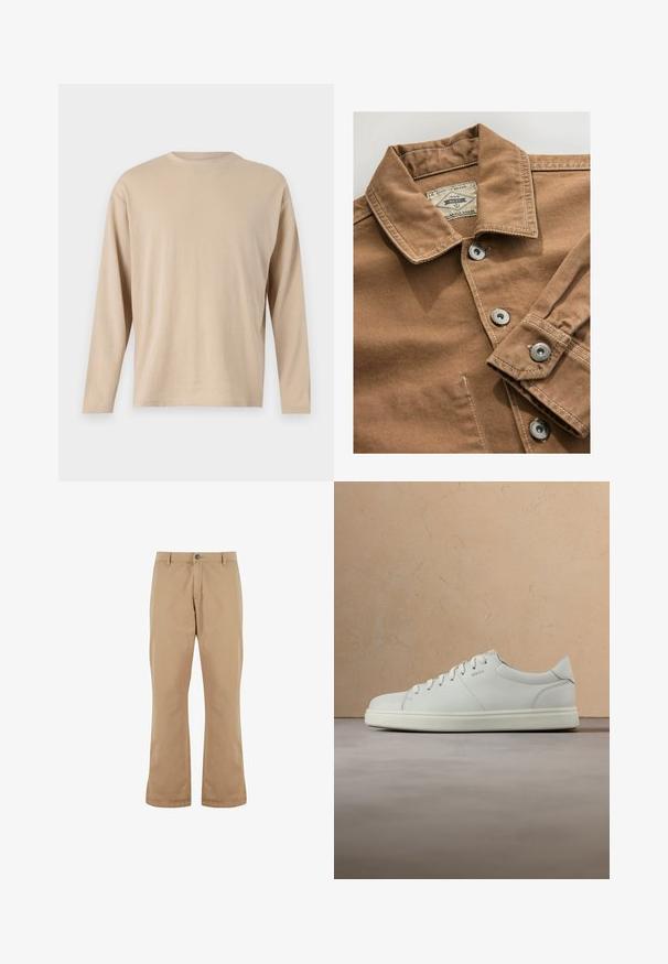 Braune Jeanshemden mit Kragen, silbernen Druckknöpfen und kontrastierenden weißen Nähten. Das Etikett trägt die Aufschrift "Next Durable Goods."; Beige Langarmshirt aus weichem Stoff mit geradem Schnitt, Rundhalsausschnitt und minimalen Nähten entlang des Saums und der Ärmel.; Beige Baumwollhosen mit geradem Schnitt, ausgestattet mit einem Knopfverschluss, Vordertaschen und einer glatten Textur.; Weißer Ledersneaker mit glatter Textur, rundem Zehenbereich und flachen Schnürsenkeln. Verfügt über ein dezentes Logo und eine leichte Sohle.