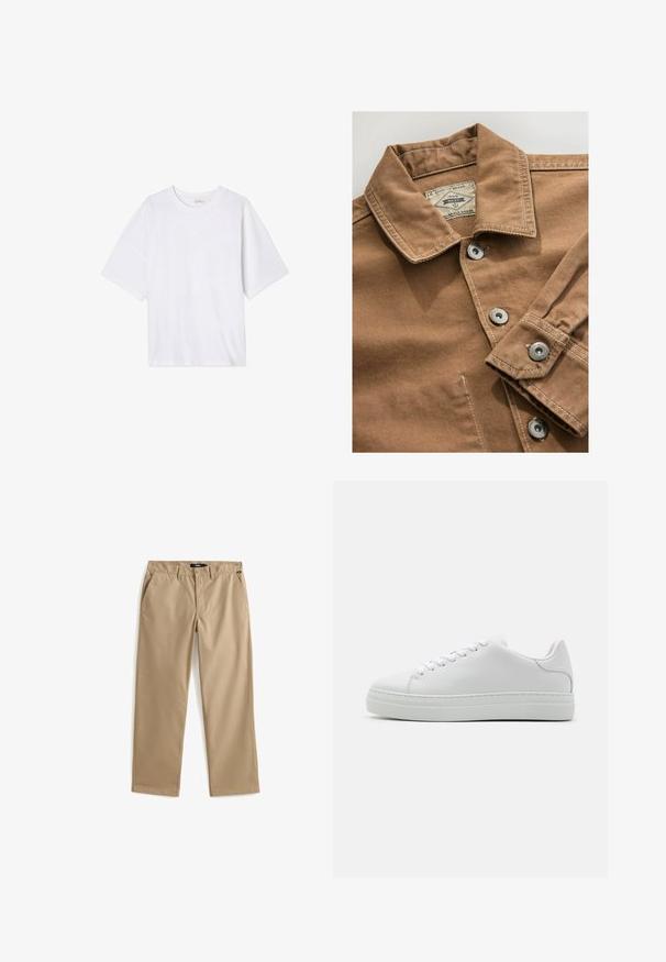 Brun denimskjorte med krave, sølvnap knapper og kontrasterende hvid syning. Etiket læser "Next Durable Goods."; Hvid kortærmet t-shirt lavet af blødt stof. Har en rund halsudskæring og en afslappet pasform med en lige kant. Ingen mønstre eller hardware.; Beige bukser med lige ben, knap- og lynlåslukning, bæltestropper og sidelommer, lagt fladt på en hvid baggrund.; Hvide lædersneakers med en chunky platformsål, rund tå og seks snørehuller. Glat tekstur med subtile syninger.
