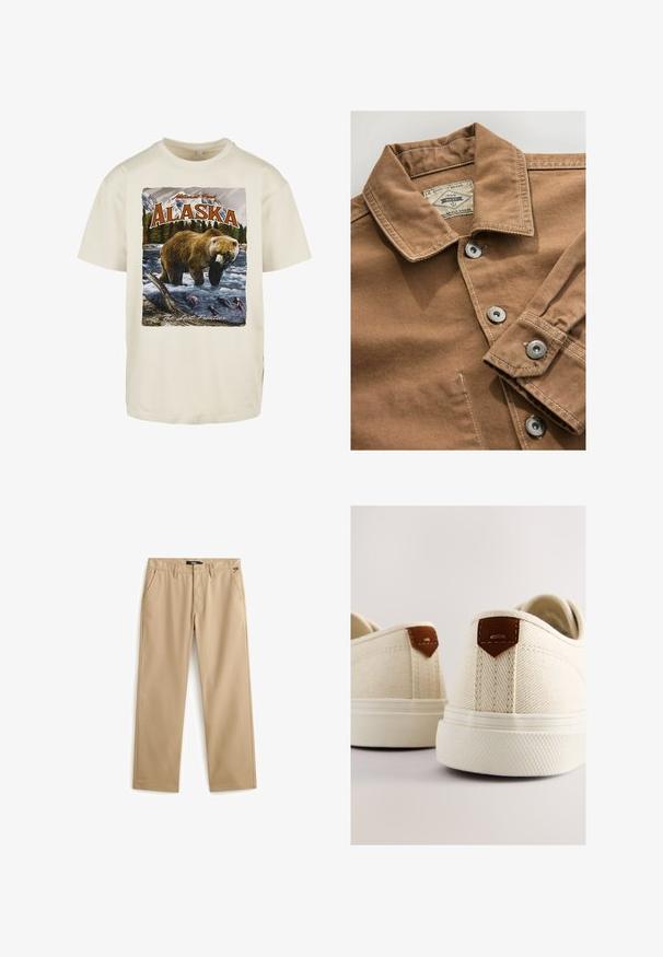 Bruine denim overhemd met een kraag, zilveren drukknoopjes en contrasterende witte stiksels. Etiket zegt "Next Durable Goods."; Crèmekleurig katoenen T-shirt met een grafische print van een bruine beer in water, bergen en bomen, met "Alaska" en "The Last Frontier."; Beige rechte broek met riemlussen, voorste knoop, ritssluiting en zijzakken tegen een witte achtergrond.; Canvas sneakers in crèmekleur met een gestructureerde afwerking, voorzien van bruine lederen accenten bij de hiel en een rubberen buitenzool.