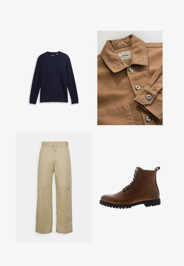 Bruine denim overhemd met een kraag, zilveren drukknoopjes en contrasterende witte stiksels. Etiket zegt "Next Durable Goods."; Marineblauwe T-shirt met lange mouwen, gemaakt van zachte katoen, met een ronde halslijn, gestikte zomen en een klein, geborduurd logo op de borst.; Beige wijde broek gemaakt van stevig materiaal, met een hoge taille, zichtbare stiksel en een klein logopatch aan de zijkant.; Bruine leren enkelbotten met een gestructureerde afwerking, metalen oogjes en een zwarte rubberen profielzool. Voorzien van een trekband aan de achterkant voor gemakkelijke instap.