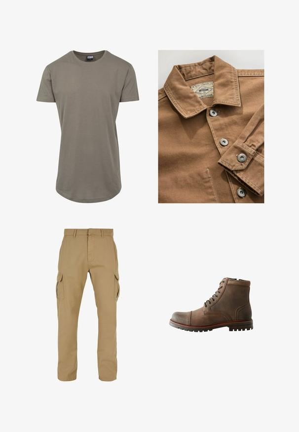 Camisa de mezclilla marrón con cuello, botones a presión plateados y costuras blancas en contraste. La etiqueta dice "Next Durable Goods."; Camiseta verde oliva fabricada en algodón suave, con un escote redondeado y mangas cortas, y un dobladillo curvado más largo para un ajuste relajado.; Pantalones cargo beige con dos bolsillos laterales, diseño de pierna recta, hechos de tela duradera, con detalles de costura y presillas para el cinturón.; Botas de cuero marrón hasta el tobillo con punta redondeada, cuello acolchado, cordones con seis ojales y suela de goma texturizada. Acentos de costura en los laterales.