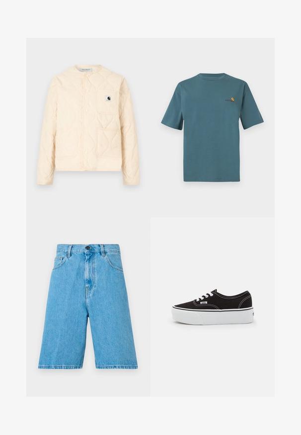 Cremefarvet quiltet jakke med rund halsudskæring, trykknaplukning, tre forlommer og en lille sort-hvid logo-patch på brystlommen.; Tyrkis bomulds t-shirt med korte ærmer, der har en rund halsudskæring og et lille broderet logo i orange og burgund på brystet.; Lysblå denimshorts med en afslappet pasform, der har bæltestropper, en knaplukning og forlommer. Stof har en glat tekstur.; Sort lærred sneakers med en hvid gummi platform sål, der har hvide snørebånd og syninger, ikonisk branding på siden, lav-top design.