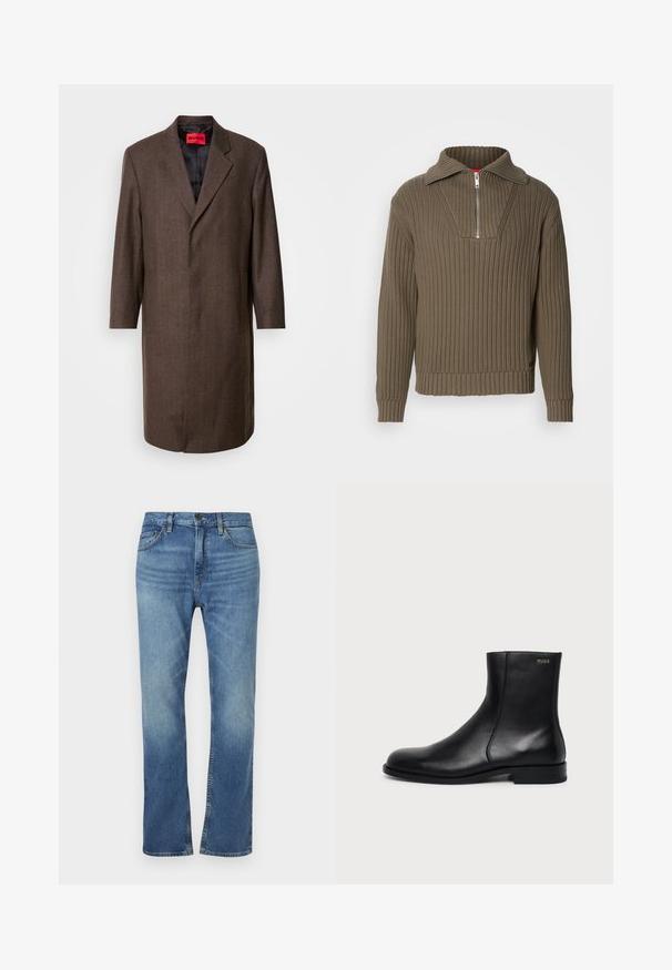 Brauner Fischgrätenmantel mit Reverskragen und zwei Seitentaschen, ausgestattet mit einem schwarzen Innenfutter und einem roten Markenschild im Inneren.; Brauner gerippter Pullover mit einem halben Reißverschluss und einem weiten Kragen. Verfügt über einen strukturierten Stoff und einen leicht verkürzten Saum. Schlichtes Design.; Blaue Jeans aus Denim mit geradem Bein-Design. Verfügt über fünf Taschen, einen Knopfverschluss und dezente Auswaschungen auf der Vorder- und Rückseite.; Schwarzer Leder-Knöchelstiefel mit niedrigem Absatz, seitlicher Naht und kleinem "HUGO" Logo am oberen Schaft vor einfarbigem Hintergrund.