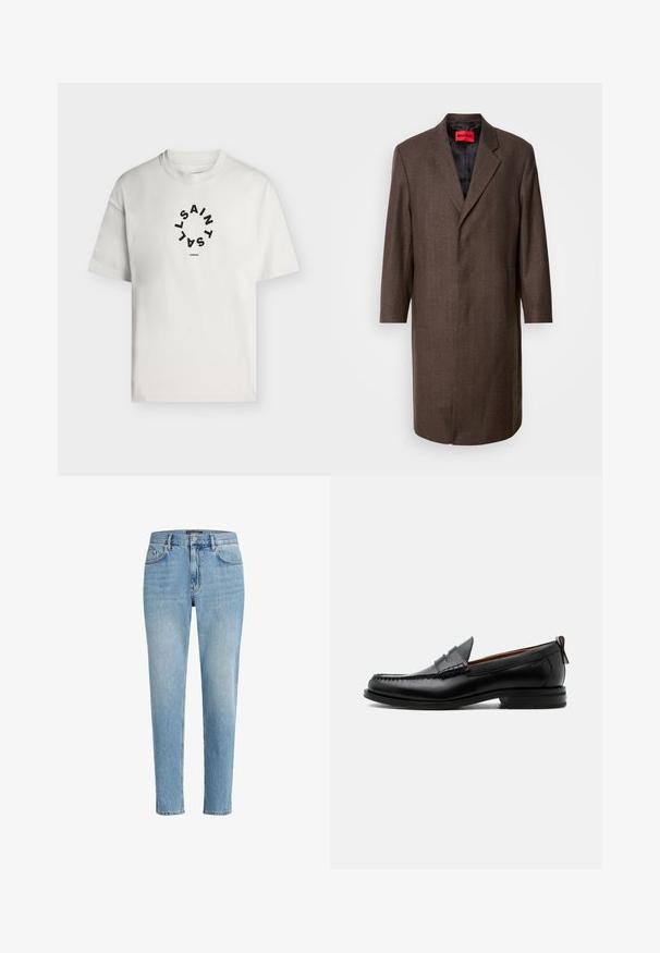 Brun hørfiltet frakke med nota lapel og to sidelommer, der har en sort indvendig foer og en rød mærkeetiket indeni.; Hvid T-shirt med korte ærmer og rund halsudskæring med sort cirkulær tekst, der staver "SAINT LAINT" og "LONDON" under cirklen.; Lyseblå denimjeans med en afslappet pasform, fem-lomme-design og diskret slitage. Har et mærketikette nær livet.; Sort læder herre loafer med moc-tå syning, penny strop, struktureret krave og lav stablet hæl på hvid baggrund.