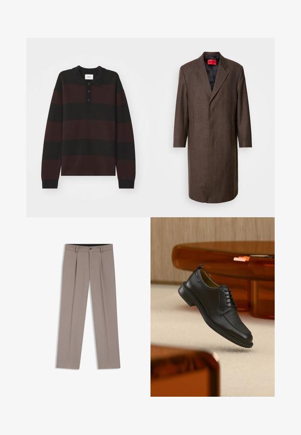 Brun hørfiltet frakke med nota lapel og to sidelommer, der har en sort indvendig foer og en rød mærkeetiket indeni.; NN.07 RUGBY - Langærmet T-shirt - black; Lysebrune herrebukser med bæltestropper, plisseringer, knaplukning foran og lynlås, lagt fladt på en hvid baggrund.; Sort lædersko med snørebånd og tekstureret front, svævende over beige tæppe i et moderne rum med møbler i ravfarvet toning.