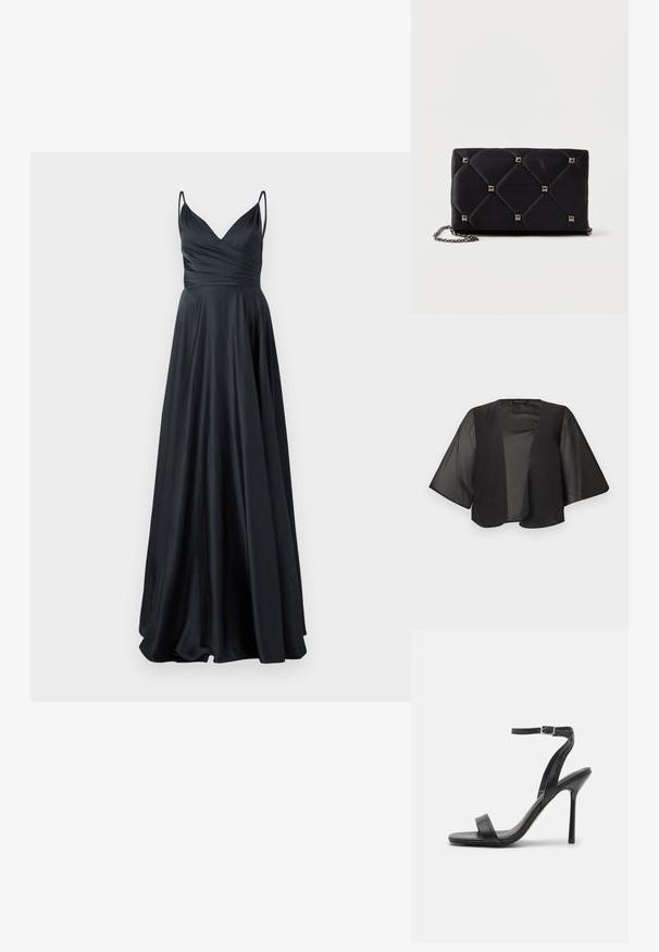 Zwarte doorschijnende blouse met open voorkant, brede kimono-mouwen, lichtgewicht stof en relaxte pasvorm.; Zwart satijnen avondjurk met een V-hals, een getailleerde corsage, dikke spaghettibandjes en een vloeiende A-lijn rok. Zachte, elegante textuur.; Zwarte hoge hakken sandaal met een slanke enkelband en twee voorste banden. Gemaakt van soepel leer met een slanke puntneus en een stiletteloze hak.; Zwarte gewatteerde satijnen clutch met zilveren piramide studs, kettingriem, rechthoekige vorm en een gladde textuur. Afmetingen van 10 cm x 18 cm x 4 cm.