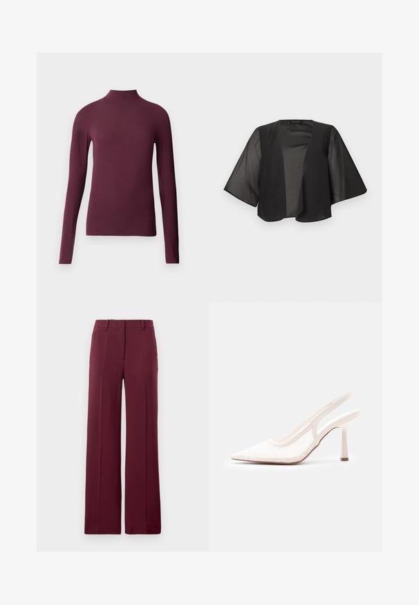 Sort gennemsigtig bluse med åben front, brede kimonoærmer, letvægtsstof og afslappet pasform.; Bordeaux langærmet turtleneck skjorte lavet af glat, strækbart stof. Tætsiddende design med høj hals og ingen synlige sømme.; Burgundy vide bukser lavet af glat stof, med flad front, bæltesløjfer og et skræddersyet design med foldede detaljer.; Hvid spids tå slingback højhælet sko med blonder og meshoverdel samt slank hæl på enkel lys grå baggrund.