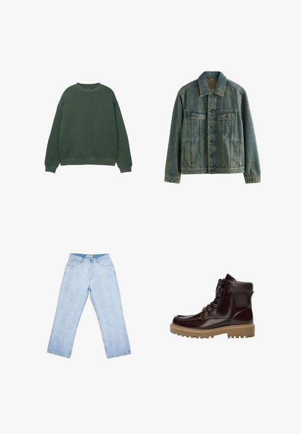 Blå denimjakke med knapper foran, to brystlommer med klap og to sidelommer med slidser, vist på hvid baggrund.; Mørkegrøn sweatshirt med rund hals, lange ærmer og ribbede manchetter. Fremstillet af et blødt, struktureret stof med et afslappet fit design.; Lyseblå jeans med høj talje og lige ben, forlommer, bæltestropper, knaplukning og en mærket inderlabel ved linningen.; Mørkebrune læderankelstøvler med polstret krave, snøre foran, mokasin tå-syninger og en tyk, lys brun sål med mønster.