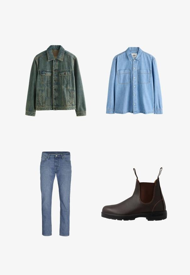 Blaue Jeansjacke mit Knopfleiste, zwei Brustklappentaschen und zwei seitlichen Einschubtaschen, auf weißem Hintergrund dargestellt.; Hellblaues Denimhemd mit langen Ärmeln, vorderer Knopfleiste und zwei Brusttaschen, auf weißem Hintergrund dargestellt.; Hellblaue Jeans aus Denim mit geradem Bein, fünf Taschen und einem vorderen Knopfverschluss mit kontrastierenden Nähten.; Brauner Chelsea-Stiefel aus Leder mit elastischem Seiteneinsatz, brauner Naht, Zuglaschen und einer strapazierfähigen Gummisohle mit strukturiertem Muster.