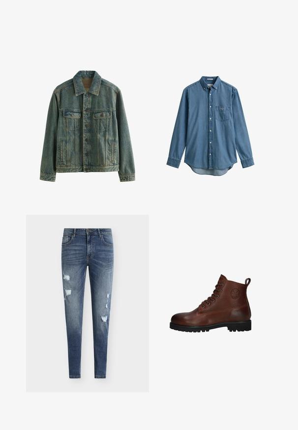 Blå denimjakke med knapper foran, to brystlommer med klap og to sidelommer med slidser, vist på hvid baggrund.; Blå langærmet cowboyskjorte med brystlomme og knappet krave, vist fladt mod en hvid baggrund.; Smaltsiddende blå denimjeans med slidte detaljer, flere revner og en falmet vask. Har fem-lomme-design og bæltestropper.; Brune læder ankelstøvle med en struktureret overflade, seks snørrehuller, en sort gummisål og en løkke for nem påtagning.