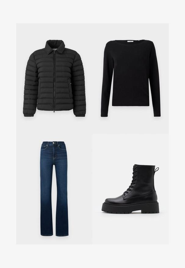 Replay JACKET - Bomberjacke - black; Schwarz langärmliges T-Shirt aus Baumwolle. Hat einen Rundhalsausschnitt und eine lockere Passform. Glatte Textur ohne sichtbare Muster oder Akzente.; Good American GOOD CLASSIC BOOT - Jeans Bootcut - indigo; Schwarze Lederstiefeletten mit runder Zehenpartie, Schnürung vorne und einer dicken Gummisohle mit strukturiertem Profil. Mit Zugschlaufe an der Rückseite.