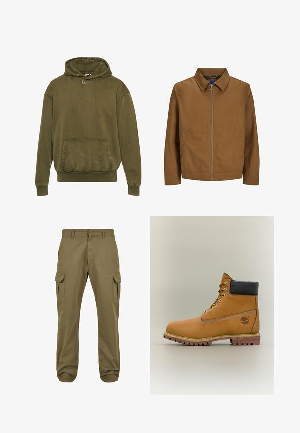 Brun zip-up jakke med krave, lange ærmer og to frontlommer; glat tekstur og minimalistisk design uden synlige mønstre.; Olivenfarvet hættejakke lavet af struktureret stof, med en frontlomme, ribbede manchetter og kant, samt en hætte med snoretræk og logodesign.; Grønne cargo bukser med lige pasform, lavet af bomuld, med sidelommer og knaplukning for funktionalitet. Glat tekstur, afslappet design.; Brun læderankelstøvle med sort krave, gule snørebånd og tanfarvet sål. Har logo og hvide syninger som detalje. Robust ydersål med greb.