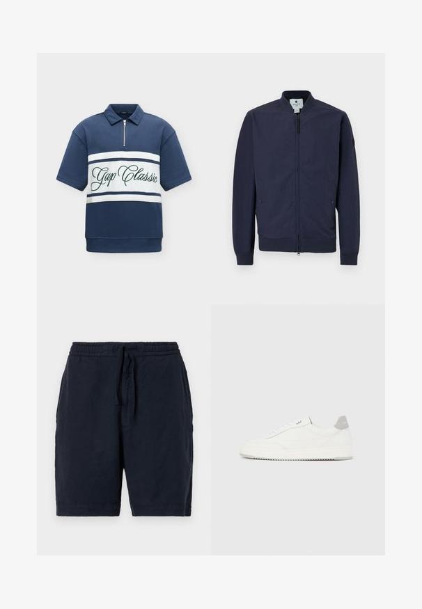 Veste bombardier navy avec fermeture éclair, poignets et ourlet côtelés, et deux poches latérales. Fabriquée en matériau lisse et léger.; Polo bleu marine à manches courtes avec des rayures horizontales blanches et un texte vert "Gap Classic" sur la poitrine, avec un col à fermeture éclair partielle.; Shorts en lin navy avec une taille élastique et un cordon de serrage, offrant une coupe décontractée et une surface légèrement texturée.; Baskets basses blanches avec un onglet de talon gris, des lacets blancs et une semelle texturée, présentées sur un fond uni clair.