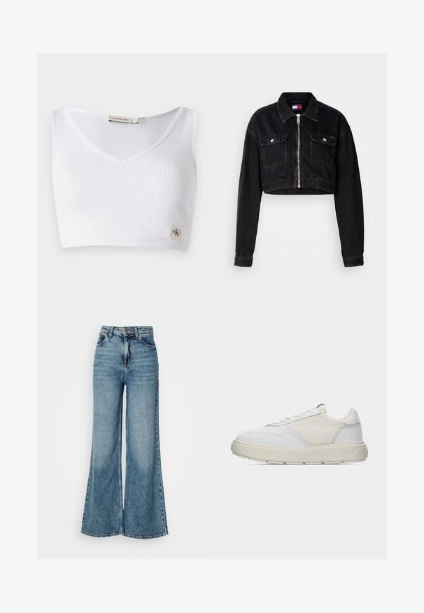 Zwarte denim cropped jack met een kraag, ritssluiting aan de voorkant en twee borstzakken. Heeft lange mouwen en een gestructureerde afwerking.; Witte geribbelde bralette met een V-halslijn, brede schouderbanden en een klein logo-label aan de onderrand. Gemaakt van een zachte, rekbare stof.; Hooggewaisted, lichtblauwe wijdvallende denimjeans met voorzakken en knoopsluiting, weergegeven tegen een effen witte achtergrond.; Witte lage sneaker met zijpaneel van mesh, witte veters en dikke off-white rubberen zool tegen een effen lichtgrijze achtergrond.