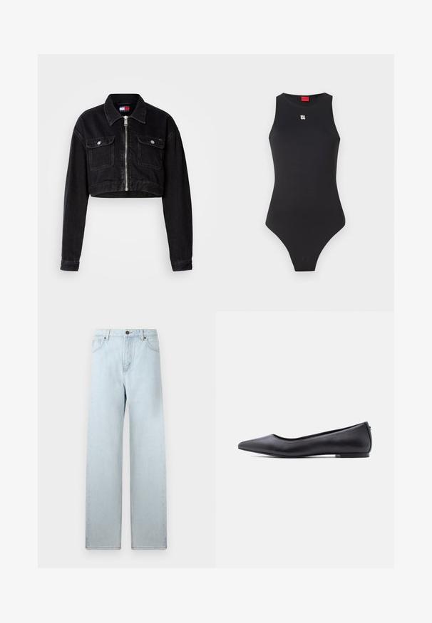 Sort denim cropped jakke med krave, frontlynlås og dobbel brystlomme. Har lange ærmer og en struktureret overflade.; Sort bodysuit med en ærmeløs design, lavet af glat materiale. Har et lille hvidt logo på brystet og et højt skåret benåbning.; Lyseblå vid jeans med høj talje, forlommer og knaplukning. Glat denimtekstur, minimal falmning, lige ben-design.; Sort flad lædersko med spidst tåparti og lav hæl, vist i sideprofil mod en hvid baggrund.