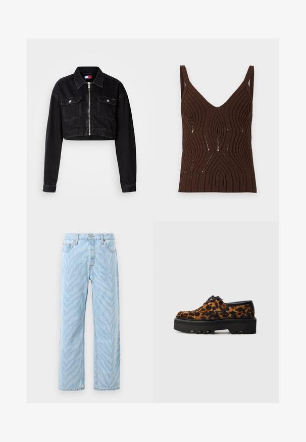 Veste cropped en denim noir avec un col, fermeture à zip à l'avant et poches poitrine doubles. Elle dispose de manches longues et d'une finition texturée.; Débardeur marron texturé avec un col en V profond, présentant un motif ondulé et des détails en maille ajourée. Les bretelles sont larges, offrant une coupe décontractée.; Jeans droit light blue avec un motif subtil de rayures zèbres, fermeture par bouton et zip, et design à cinq poches.; Chaussures en daim à imprimé léopard avec une semelle chunky noire et des lacets ; dotées d'œillets en métal et d'un dessus texturé pour plus de détails.