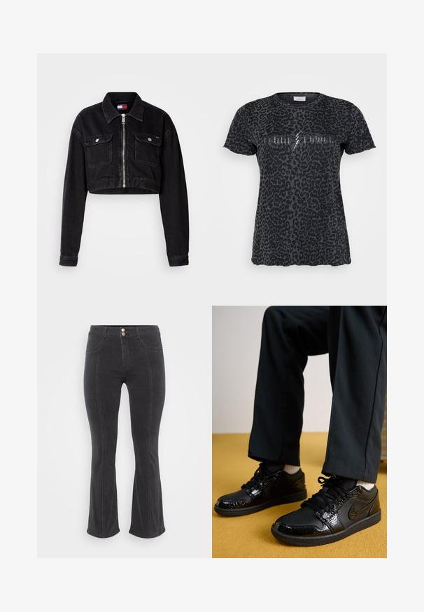 Zwarte denim cropped jack met een kraag, ritssluiting aan de voorkant en twee borstzakken. Heeft lange mouwen en een gestructureerde afwerking.; ONLY Carmakoma CARMIKO WASHED SS REG TEE JRS - T-shirt print - phantom; Flared zwarte denim jeans met een hoge taille, voorzien van twee frontzakken en een dubbele knoopsluiting, met een gladde textuur en minimale stikseldetails.; Zwarte Nike sneakers met een gestructureerde patenten leren bovenkant, rubberen zool en ronde veters, gedragen met zwarte broek en witte sokken.