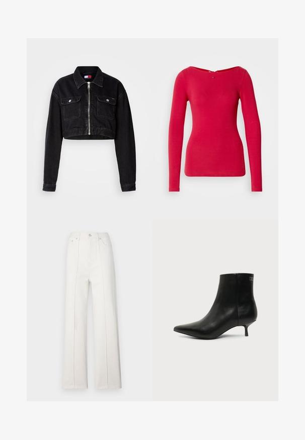 Veste cropped en denim noir avec un col, fermeture à zip à l'avant et poches poitrine doubles. Elle dispose de manches longues et d'une finition texturée.; T-shirt rouge à manches longues avec un large col marin et une coupe ajustée. Confectionné en tissu doux avec une texture lisse. Doté d'une fermeture en forme de clé au dos.; Pantalon large en denim blanc à taille haute, avec des coutures verticales et une fermeture à bouton à l'avant. Texturé lisse avec un design épuré.; Bottine en cuir noir avec bout pointu et petit talon kitten sur fond clair, vue côté extérieur.