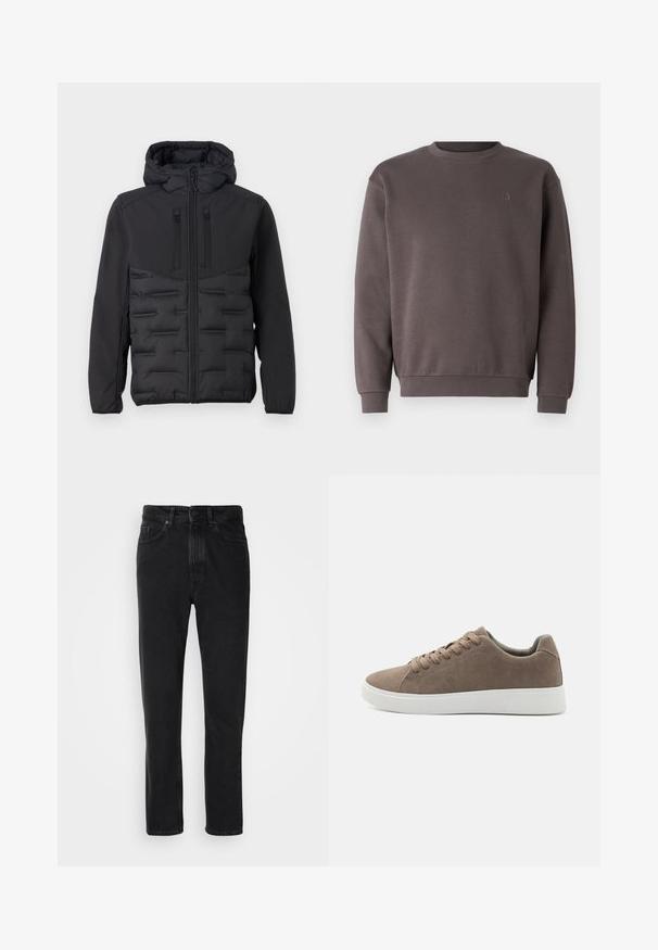 TOM TAILOR DENIM HYBRID - Übergangsjacke - black; Grauer Baumwoll-Sweatshirt mit rundem Ausschnitt, gerippten Bündchen und Saum. Mit kleinem, tonal gehaltenem Logo auf der Brust. Weicher Stoff.; Schwarze Denim-Jeans mit geradem Beinschnitt, ausgestattet mit einem Knopf- und Reißverschluss, Fronttaschen und subtiler Textur.; Braune Wildledersneaker mit flachen weißen Gummisohlen, Schnürdesign, abgerundete Zehen und einer glatten Textur. Minimalistischer Stil mit dezenten Nähdetails.