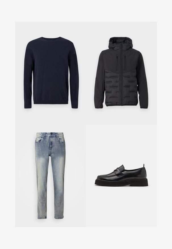 TOM TAILOR DENIM HYBRID - Ľahká bunda - black; Námornícky modrý pletený sveter s dlhými rukávmi, okrúhlym výstrihom a rebrovanými manžetami a lemom. Obsahuje malé logo na hrudi.; Svetlé denimové džínsy s rovnými nohavicami, päť-pokladňovým dizajnom, zapínaním na gombík a jemným poškodením pri kolenách.; Čierne kožené mokasíny s plochou, textúrovanou podrážkou, so šitým prstom a popruhom cez priehlavok.