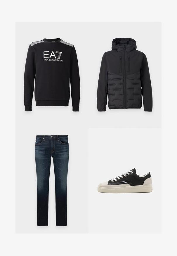 TOM TAILOR DENIM HYBRID - Välikausitakki - black; Mustapaita, joka on valmistettu puuvillasta, jossa on pyöreä kaula-aukko, pitkät hihat, valkoinen EA7-logo ja raidat olkapäillä.; Tummansiniset slim fit -farkut, joissa lievää haalistumaa reiden ja polvien kohdalla, viiden taskun malli ja nappikiinnitys vyötäröllä.; Mustat kangaskengät, joissa on vaaleanbeige kumipohja, valkoiset nauhat ja nahkakoristeet varpaassa ja sivussa. Hieman huomaamaton logo takakannassa.