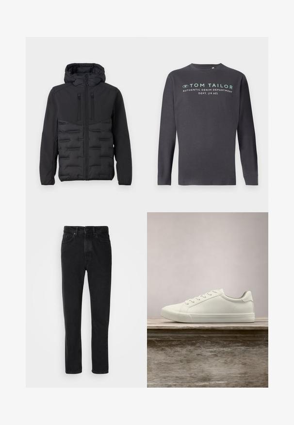 TOM TAILOR DENIM HYBRID - Overgangsjakke - black; TOM TAILOR PRINTED - Langærmet T-shirt - tarmac grey; Sorte denim jeans med lige ben-design, med knap- og lynlåslukning, forlommer og subtile teksturer.; Hvide snørresneakers svævende over en træbænk med grønne planter i baggrunden, der fremhæver skodesign og tekstur.