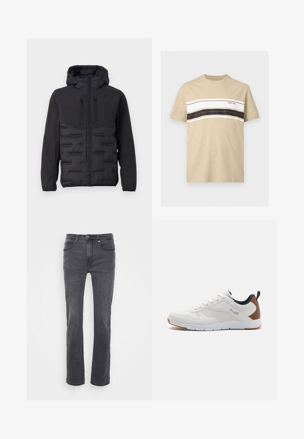 TOM TAILOR DENIM HYBRID - Overgangsjakke - black; Beige kortærmet T-shirt med vandrette hvide, sorte og røde striber hen over brystet og teksten "PIER ONE" på højre side.; Grå denimjeans med lige bendesign, der har forlommer og en klassisk knaplukning. Glat tekstur med subtile blegninger.; Hvidt sportsko med perforerede læderpaneler, brune accenter på hælen, gummiydersål og hvide snørebånd. Minimalistisk design, afslappet stil.