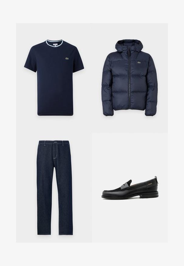 Veste matelassée bleu marine avec fermeture éclair à l'avant et capuche. Présente un design matelassé et un petit logo brodé sur la poitrine. Tissu synthétique lisse.; T-shirt bleu marine en coton, avec un col côtelé bleu clair. Présente un petit logo crocodile vert sur la poitrine. Design à manches courtes.; Jeans en denim bleu foncé avec une coupe droite, dotés de coutures jaunes contrastantes et d'un agencement classique à cinq poches.; Mocassin en cuir noir avec détail de bride grise, talon bas et semelle texturée, marqué "HUGO" en or sur le côté.