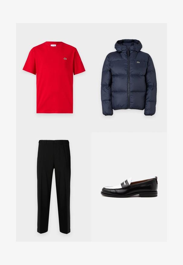 Marineblaue gepolsterte Jacke mit Reißverschluss vorne und Kapuze. Verfügt über ein gestepptes Design und ein kleines gesticktes Logo auf der Brust. Glattes, synthetisches Material.; Rotes Baumwoll-T-Shirt mit kurzen Ärmeln, Rundhalsausschnitt und kleinem grünen Krokodil-Logo auf der linken Brust. Glatte Textur, lässige Passform.; Schwarze Hosen aus glattem Stoff, mit geradem Schnitt, zwei vorderen Taschen und einem Reißverschluss mit Knopfverschluss.; Schwarz-weißer Lederloafer mit genähten Details, niedrigem Absatz und einem Slip-On-Design, seitlich auf neutralem Hintergrund gezeigt.