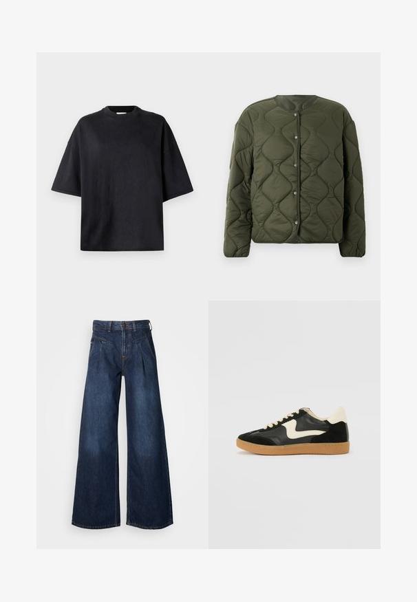 Oliven grøn, quiltet jakke med trykknaplukning, rund halsudskæring, lange ærmer og bølgemønstrede syninger.; Sort oversized t-shirt lavet af blødt bomuld. Har en rund crew neck, korte ærmer og en glat tekstur. Ingen synlige mønstre eller accenter.; Bredde ben mørke denim jeans med høj talje, der har frontfolder og subtile syninger. Glat tekstur, afslappet design.; Sorte ruskinds- og lædersneakers med en cremefarvet side-swoosh og lys cremefarvet hæl. Har beige snørebånd og en gummirubber-sål.