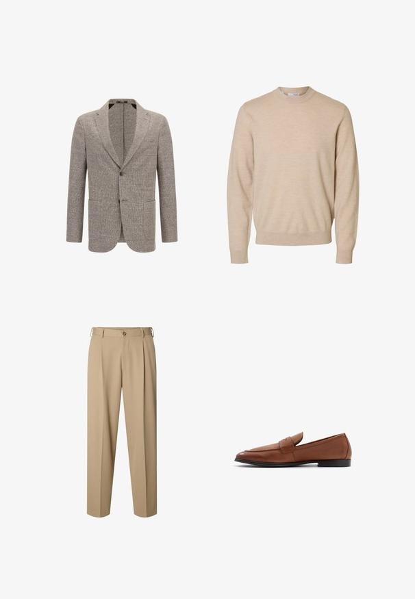 Blazer homme simple boutonnage en tissu brun clair texturé avec revers en encoche et deux poches plaquées avant.; Pull beige à manches longues et col rond en tissu tricoté doux, avec poignets et ourlet côtelés, conçu pour hommes.; Pantalon beige ajusté avec plis sur le devant, passants pour ceinture, fermeture par bouton et coupe droite.; Mocassins en cuir marron avec une silhouette basse, un bout rond et des détails en couture sur le devant. Semelle noire solide avec une finition lisse.