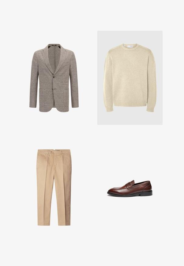Blazer marron clair en tissu texturé, doté d'un col cranté, de deux poches avant et d'une fermeture à un bouton.; Pull en maille beige clair avec un col rond, des manches longues, des poignets et un ourlet côtelés. Texture lisse avec un motif de moyenne épaisseur.; Pantalons en coton beige à coupe ajustée, avec des plis sur le devant, des poches latérales et une fermeture à bouton. Texture lisse, design à jambe droite.; Mocassins en cuir marron avec une finition lisse, bout arrondi, sangle décorative et semelle en caoutchouc noire. Présente un détail de coutures minimal.