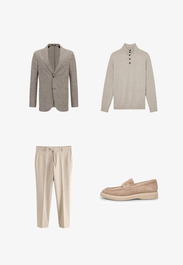 Lysebrun blazer lavet af tekstureret stof, med en spids krave, to forlommer og enkelt knaplukning.; Beige langærmet sweater med høj krave og fire mørke knapper ned langs fronten, lavet af fint strikket stof.; Beige formelle bukser med bæltestropper, sidelommer, knaplukning og lynlås, vist mod en hvid baggrund.; Lys beige ruskind loafer med rund tå, dekorativ vamprem og en struktureret gummisål for greb.