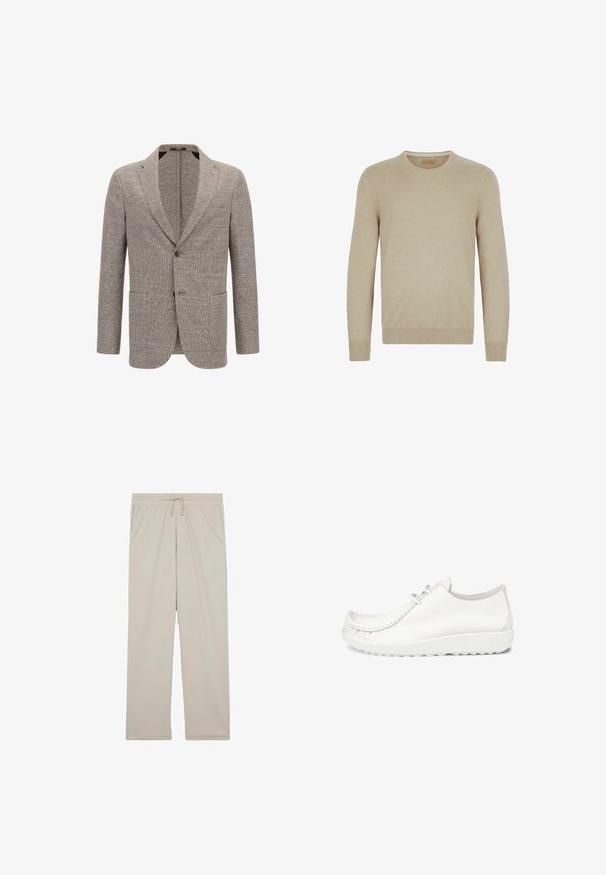 Lysebrun blazer lavet af tekstureret stof, med en spids krave, to forlommer og enkelt knaplukning.; Beige striktrøje med lange ærmer, rund halsudskæring og ribbede cuffs og kant. Glat tekstur uden synlige mønstre eller dekorationer.; Lysebeige afslappede bukser med elastik i taljen og snøre, lige ben og sidelommer.; Hvide lædersko med en afrundet tå, syninger og en let hvid sål. Har to hul til snørebånd.