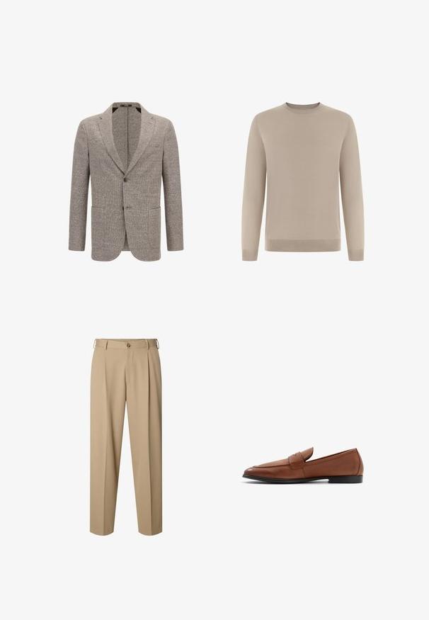 Blazer marron clair en tissu texturé, doté d'un col cranté, de deux poches avant et d'une fermeture à un bouton.; Pull beige à manches longues en tissu doux et fin tricoté. Il présente un col rond et des poignets et ourlet côtelés pour une coupe ajustée.; Pantalon beige ajusté avec plis sur le devant, passants pour ceinture, fermeture par bouton et coupe droite.; Mocassins en cuir marron avec une silhouette basse, un bout rond et des détails en couture sur le devant. Semelle noire solide avec une finition lisse.