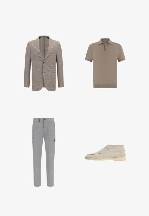 Blazer marron clair en tissu texturé, doté d'un col cranté, de deux poches avant et d'une fermeture à un bouton.; Polo couleur taupe avec une finition texturée, manches courtes et col. Comprend une patte de boutonnage à trois boutons et des poignets côtelés.; Pantalons cargo gris en tissu texturé, dotés de poches latérales, d'une fermeture à bouton et d'une coupe fuselée.; Scarosso LEONARDO - Bottines - sand suede