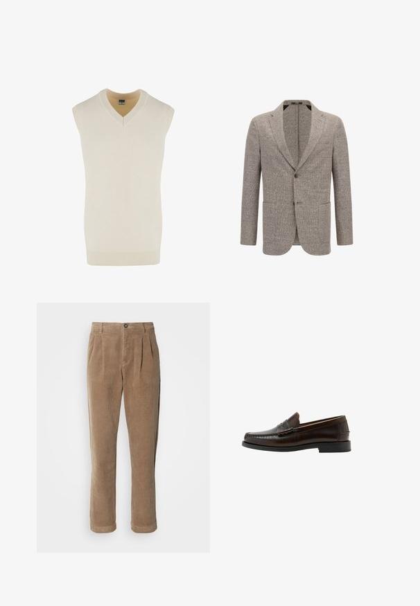 Blazer marron clair en tissu texturé, doté d'un col cranté, de deux poches avant et d'une fermeture à un bouton.; Pull en crème sans manches avec un décolleté en V, fabriqué en tissu tricot doux. Il présente un col et un ourlet inférieur côtelés, avec une coupe droite.; Pantalons en velours côtelé marron à taille haute, avec des plis à l'avant, une fermeture à bouton et des jambes droites. Le tissu texturé est visible.; Mocassin penny en cuir marron foncé avec bout moc cousu, talon bas et finition lisse, présenté de profil sur fond blanc.