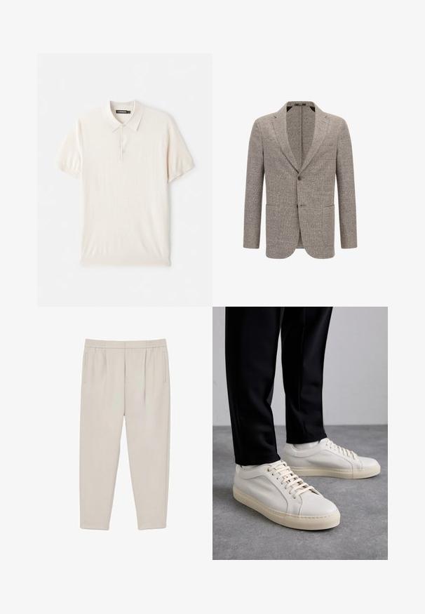 Blazer marrón claro hecho de tela texturizada, con cuello de muesca, dos bolsillos frontales y cierre de un solo botón.; Camisa polo beige clara con un cuello clásico, tapeta de tres botones y mangas cortas. Fabricada en un tejido suave y liso. Diseño simple sin patrones.; Pantalones de color beige claro, ajustados, con pliegues en la cintura, bolsillos laterales y cintura elástica, mostrados planos sobre fondo blanco.; Zapatillas de cuero color beige claro con cordones planos, una superficie texturizada y una suela de goma color crema en contraste, combinadas con pantalones negros ajustados.
