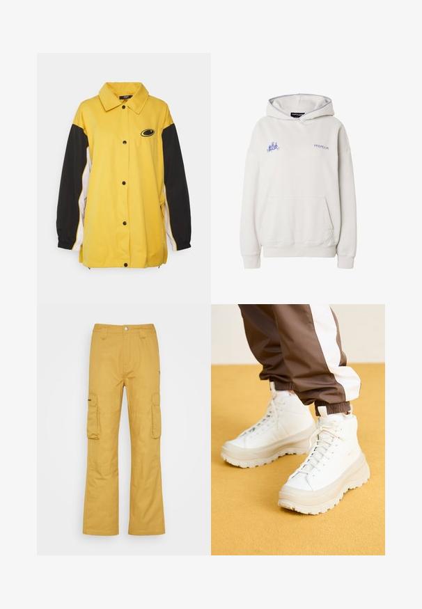 Jaded London OVERSIZED TRACK JACKET - Tréningová bunda - yellow; Svetlo béžová mikina s kapucňou a predným vreckom, malá fialová grafika na ľavej strane hrudníka a text "PEGADOR" na pravej strane hrudníka.; Cargo nohavice v bohaté horčicovej farbe, vyrobené z pevného materiálu. Obsahujú dve veľké bočné vrecká a majú rovný strih.; Biele vysoké tenisky s hrubou štruktúrovanou podrážkou, majúce hladký zvršok, okrúlu špičku a zladené šnúrky, na žltom pozadí.