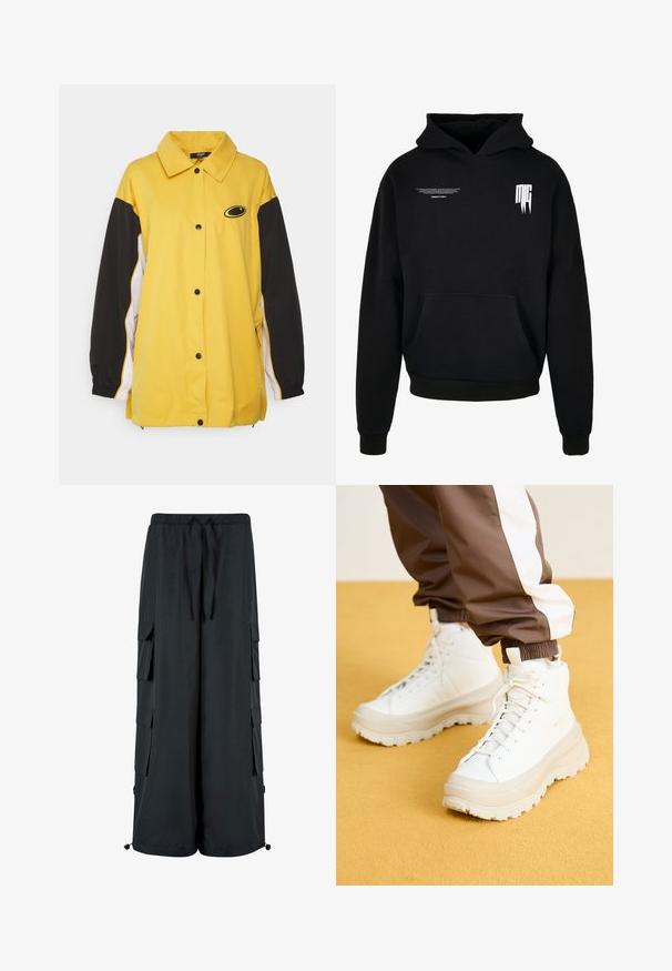 Jaded London OVERSIZED TRACK JACKET - Trainingsvest - yellow; Zwarte hoodie met voorvak, kleine witte tekst op de bovenste linkerborst en gestileerd "MG"-logo op de bovenste rechterborst.; Zwarte cargobroek met elastische taille, trekkoord en zijzakken. Gemaakt van soepel materiaal met een losse pasvorm.; Witte hoge sneakers met een chunky, gestructureerde zool, voorzien van een gladde bovenkant, ronde neus en tonale veters, tegen een gele achtergrond.